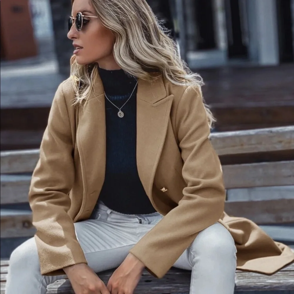 New Camel Brown Double Breasted Trench Coat Pea Coat - Picture 6 of 7